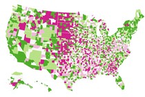 A map of the U.S. showing the percentage of households editing Wikipedia by county.