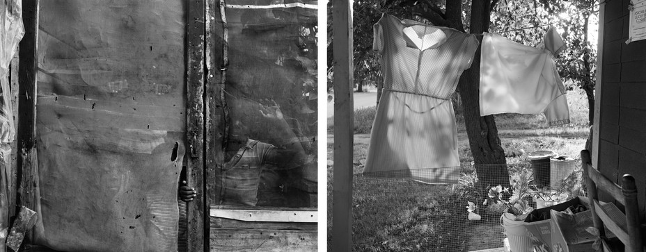 Diptych: boys looking out through a screen door; white clothes hanging on a line