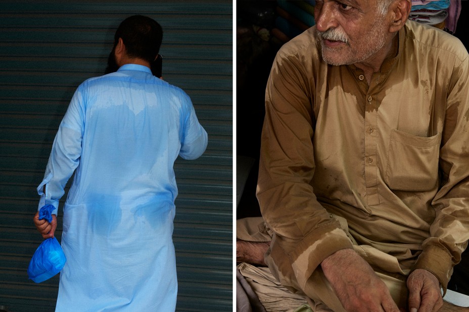 close-ups of sweat-stained shirts of locals