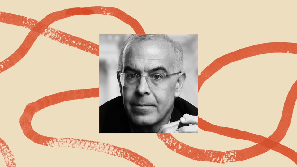 A black-and-white photo of David Brooks, surrounded by an illustrated border