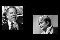 Two cropped, black-and-white photos: Dan Kelly talking into a microphone, and Janet Protasiewicz in profile