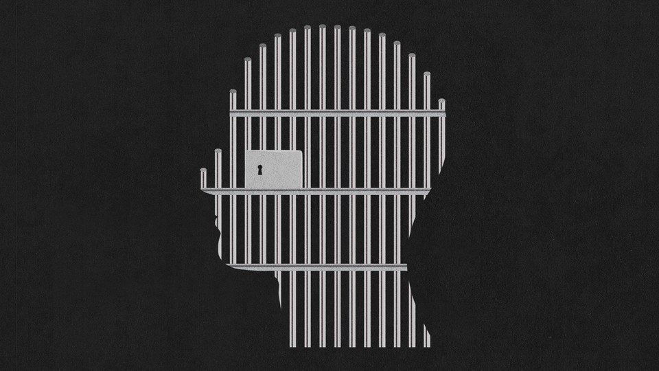 Illustration of a human head locked behind bars.