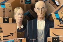 illustration of 'American Gothic' couple surrounded by Amazon boxes