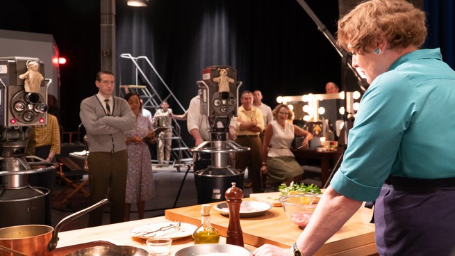 Sarah Lancashire's Julia Child on the set of her cooking show