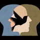 two faces intertwined with a silhouette of a bird in between