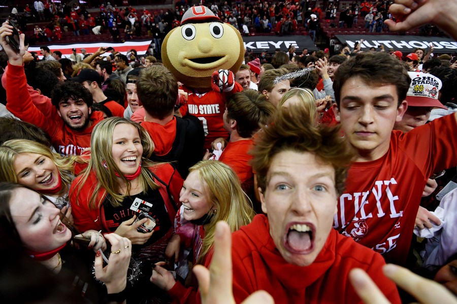 Basketball fans celebrate on the court after a game.
