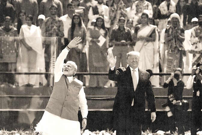 US President Donald Trump and India's Prime Minister Narendra Modi wave at the crowd during a 'Namaste Trump' rally in India.
