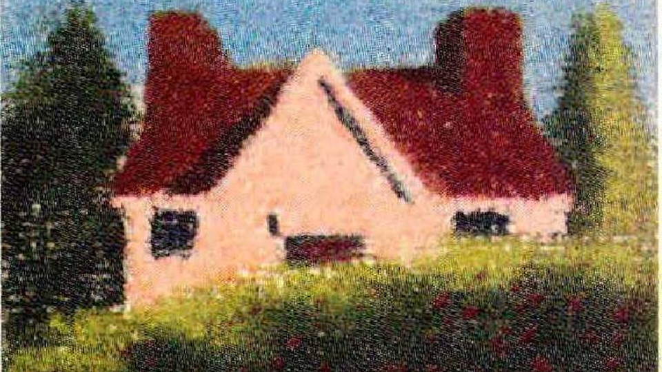 A stylized painting of a red and white house on greenery