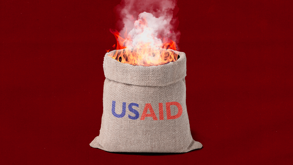 Illustration of a sack labeled "USAID" on fire against a red background