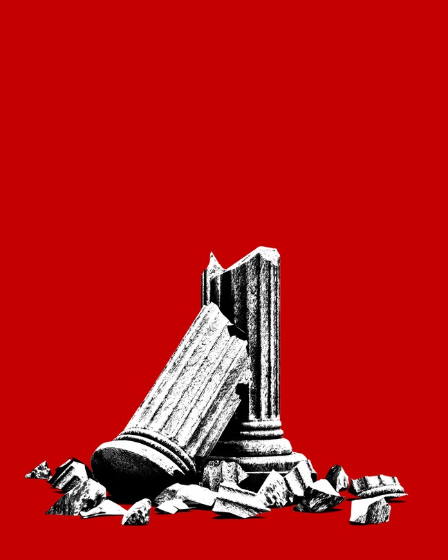 A crumbling pillar with a red background