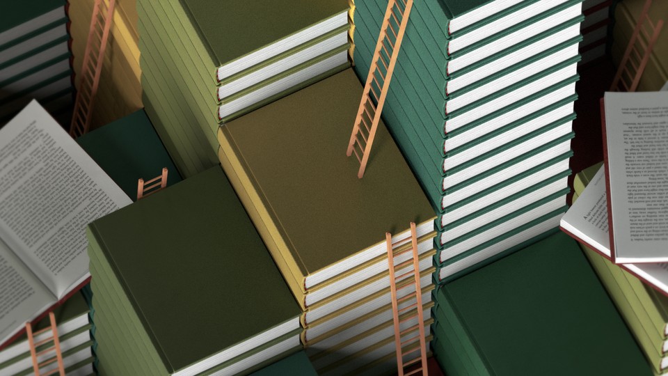 Stacks of tall books connected by ladders