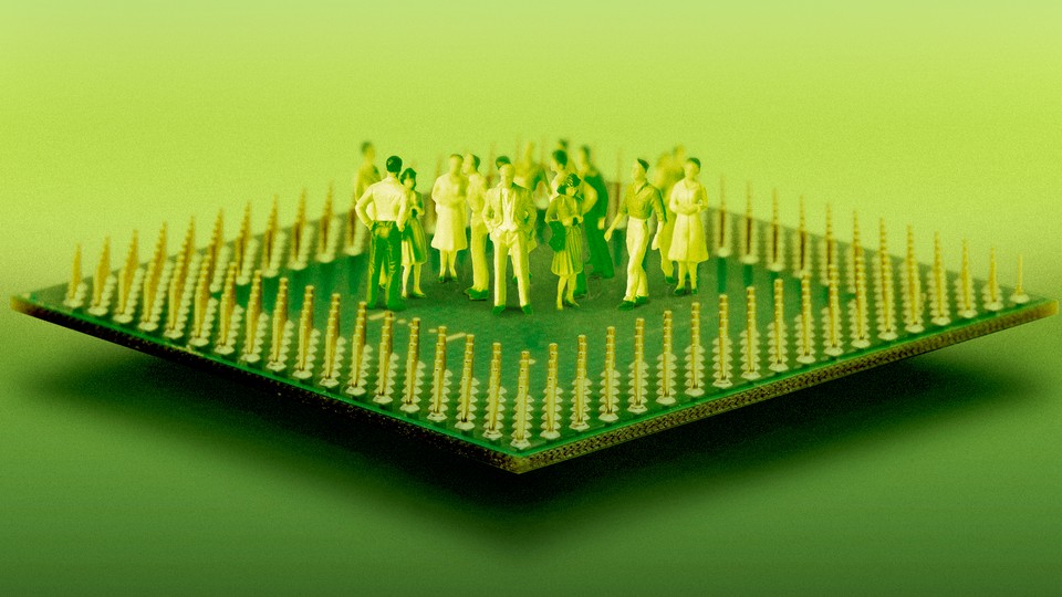 Illustration of a bunch of small toy people standing within a microchip