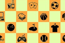 A chess checkerboard with various icons
