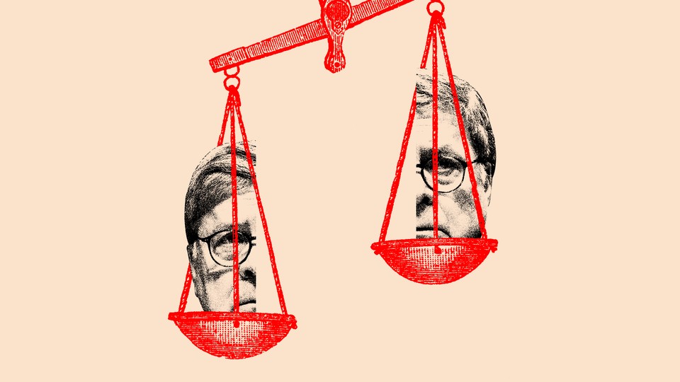 An illustration of a set of scales with Bill Barr's face
