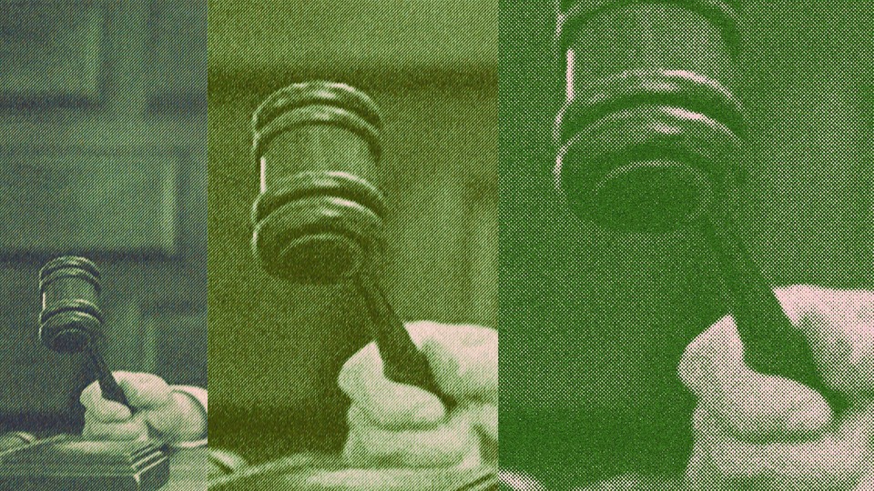 Three images of a hand holding a gavel