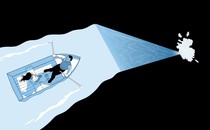 An illustration of a boyfriend and girlfriend rowing a boat against a waterfall