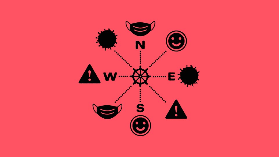 A ship's steering wheel is surrounded by smiley faces, masks, warning signs, and the coronavirus.