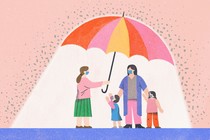Illustration of a woman holding a giant umbrella over another woman and her two kids. One of the kids is reaching out toward the woman holding the umbrella.