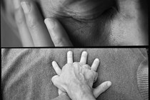 Triptych of close up of eye, hands delivering CPR, mouth