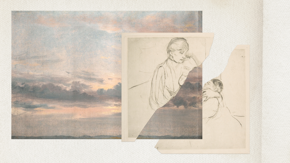 A drawing of a mother and her baby, split apart by a painting of the sky