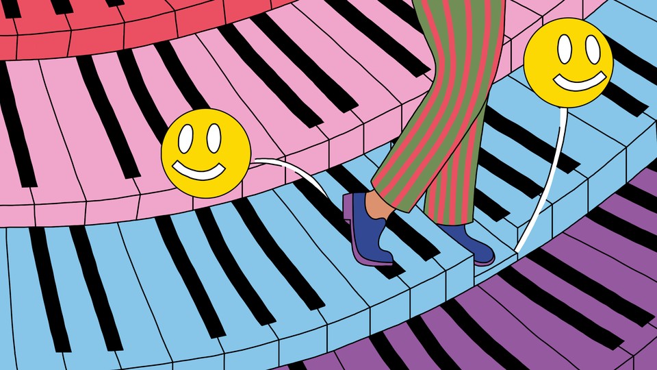 An illustration of a person happily strolling across steps that look like a multicolored piano keyboard.