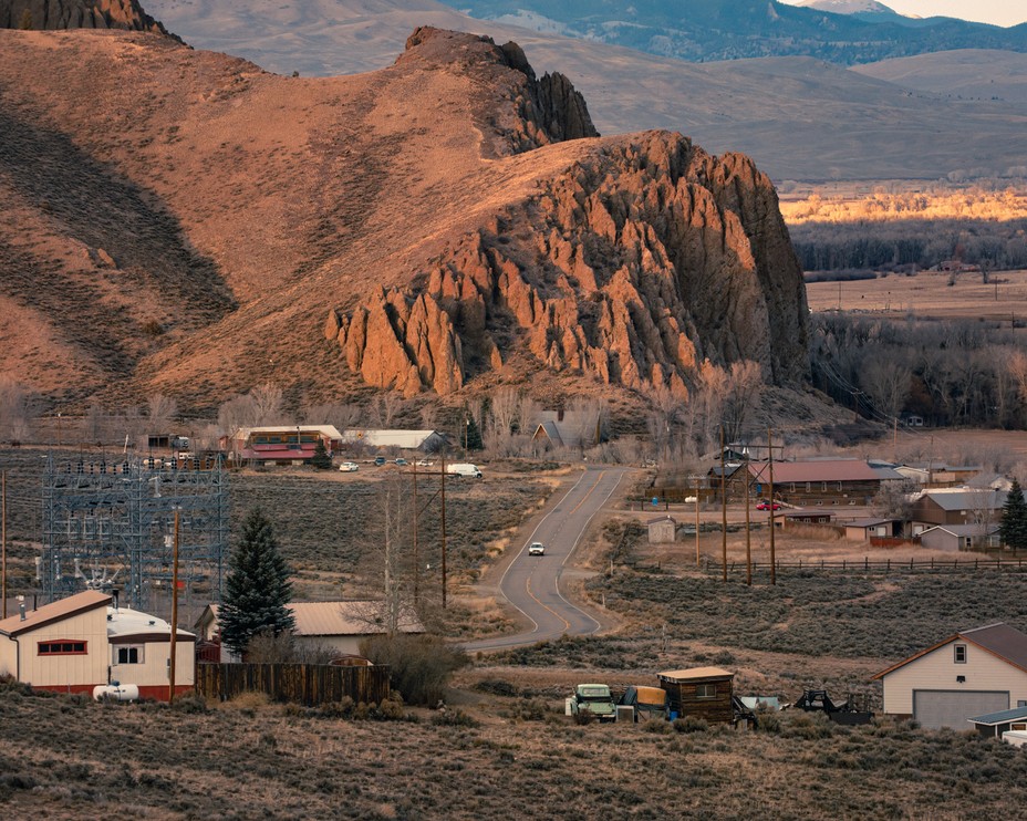 Rock formations and a street in Gunnison.