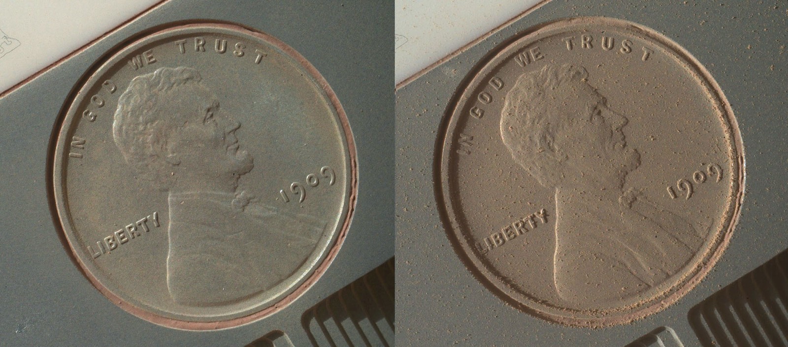 Two views of the same penny, with one being slightly dustier than the other