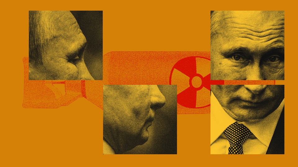 Collage of showing cropped pictures of Putin overlapping the radiation symbol