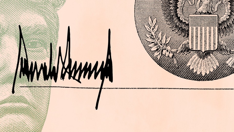 An illustration of Trump and his signature with the U.S. government seal