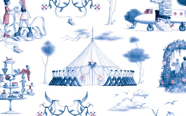 illustrations of wedding vignettes patterned like toile de jouy wallpaper: couple in flower arch, private jet with stacks of linens, tower of appetizers, mother and daughter arguing over a bill, army of people holding up a wedding tent