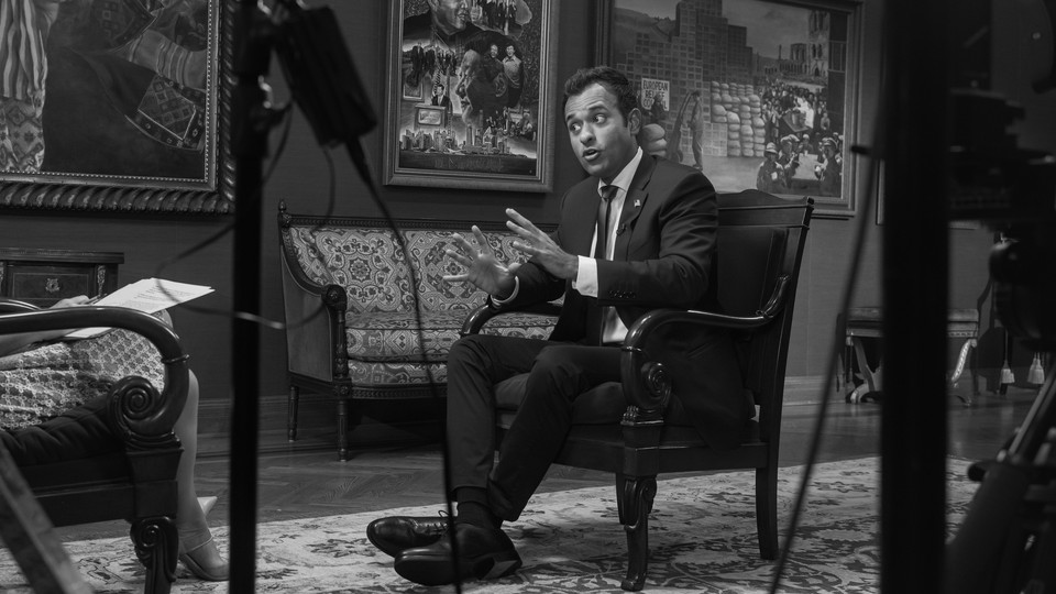 Vivek Ramaswamy speaks with PBS Firing Line host Margaret Hoover in Des Moines, Iowa