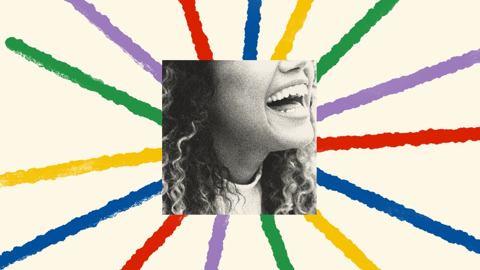 A starburst of colorful stripes extends out from a black-and-white photo of a woman's smile.
