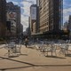 Empty outdoor tables near Madison Square Park, in Manhattan