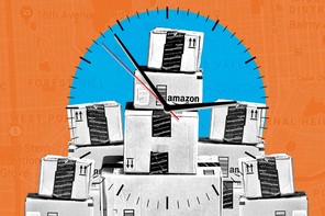 A stack of Amazon packages overlaid with a clock and a map of San Francisco