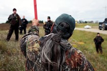 Michael Markus of Pine Ridge Indian Reservation in South Dakota with police at a rally against the Dakota Access pipeline in October.