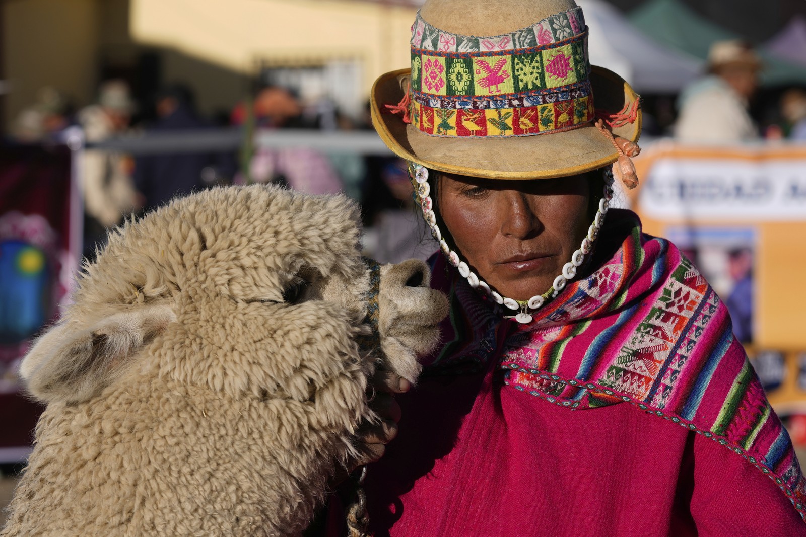 A woman in traditional clothing stands beside a llama.