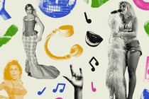 A colorful collage of pop stars Miley Cyrus and Addison Rae