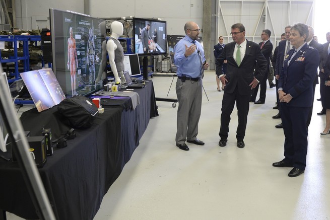 Dr. Josh Hagen of the U.S. Air Force’s 711th Human Performance Wing briefs then-Defense Secretary Ash Carter on wearable sensor technology during a late 2016 visit at Wright-Patterson Air Force Base, Ohio