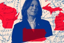 An illustration showing an image of Kamala Harris superimposed on a map of battleground states
