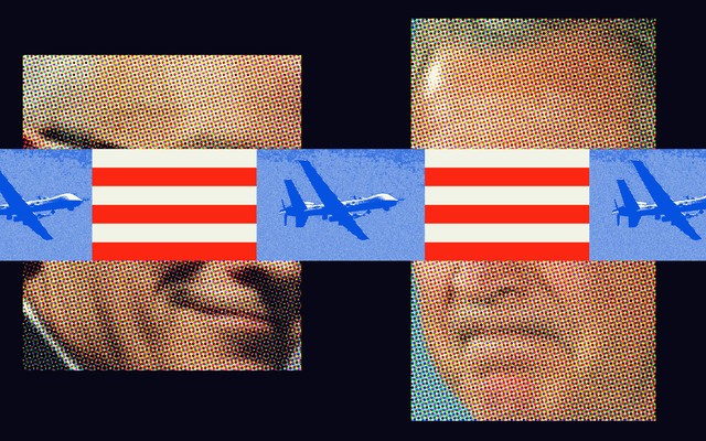 Illustration of faces, planes, and red and white stripes