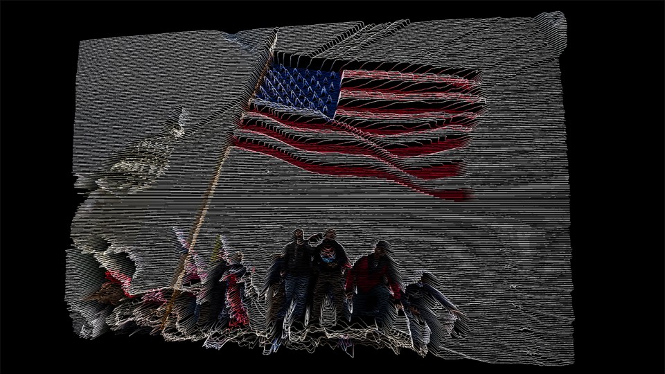 Illustration of insurrectionists holding an American flag in front of the U.S. Capitol