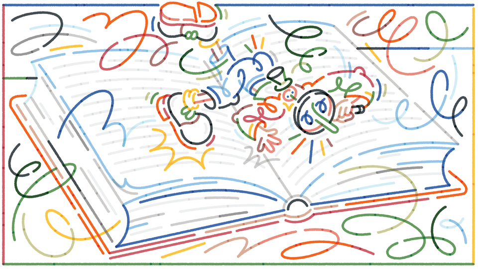 A colorful illustration of someone gazing at the pages of a book through a magnifying glass.