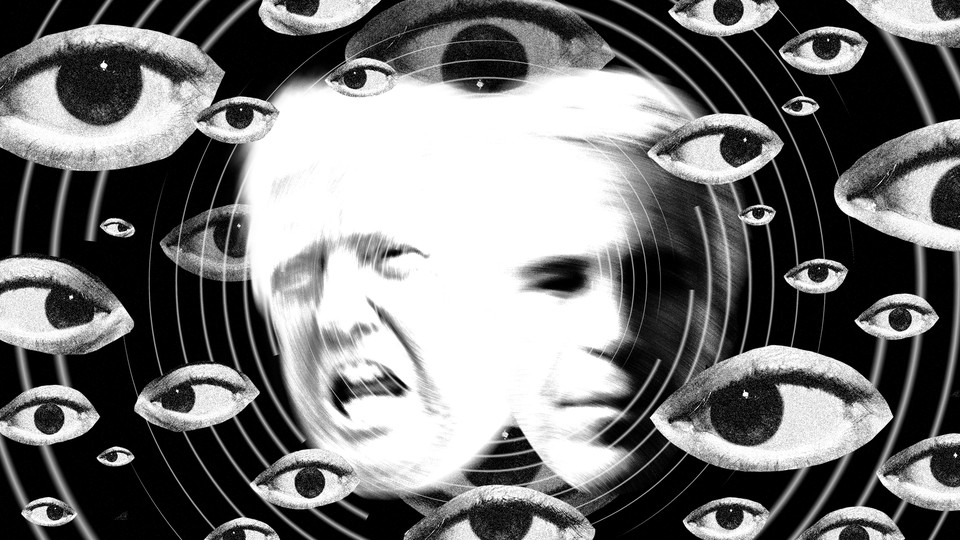 A black and white image of Trump and Epstein's heads adjoined, surrounded by circles and eyes