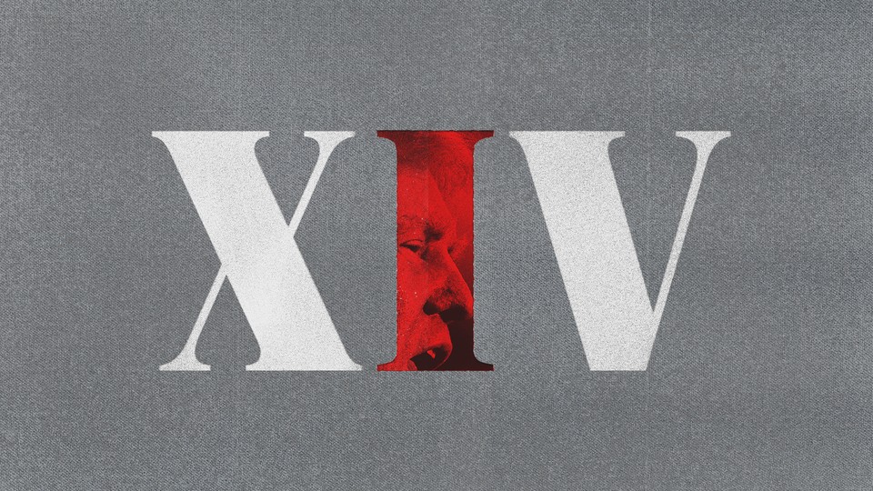 Number 14 in Roman numerals with the "I" revealing Trump's face in red