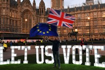 An anti-Brexit protester demonstrates in front of Parliament.