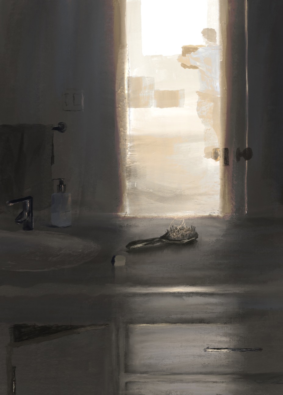 illustration of dresser in darkened room with hairbrush on top, its mirror shows a reflection of someone carrying a moving box in a well-lit room