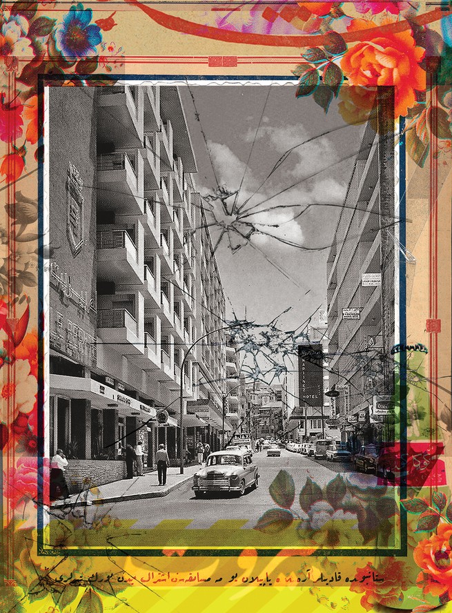 illustration of cracked glass and rose border over vintage black-and-white photo of Beirut