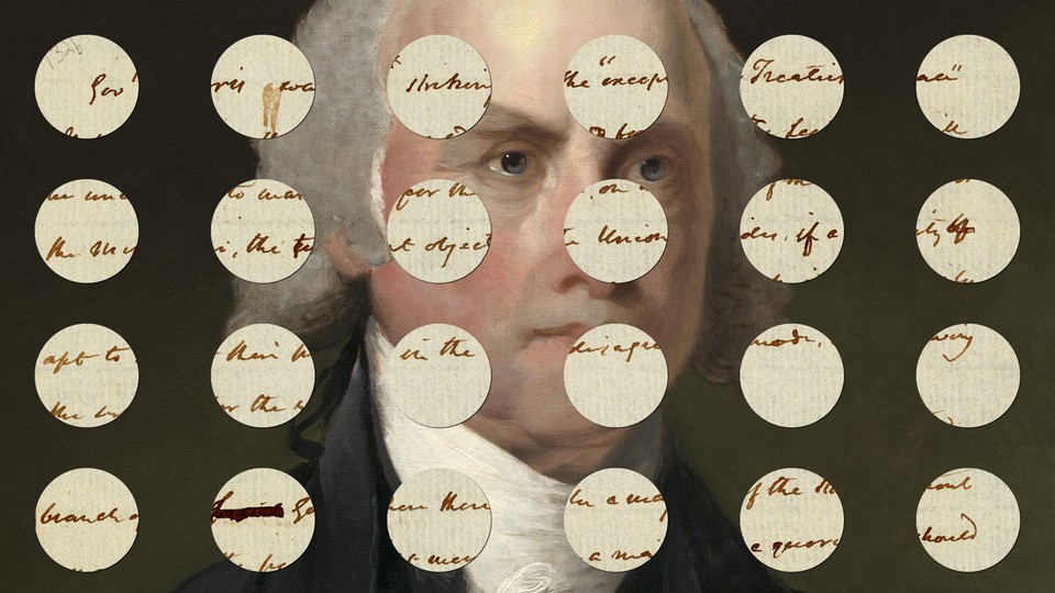 James Madison's notes on impeachment superimposed over a portrait of Madison