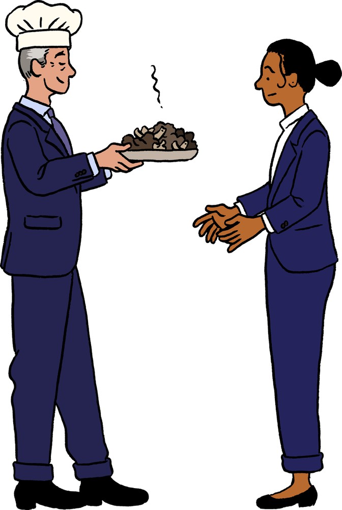 illustration of a man in chef's hat handing a woman a steaming plate of garbage