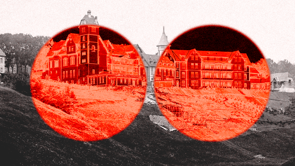 two opaque red circles overlaying a hotel